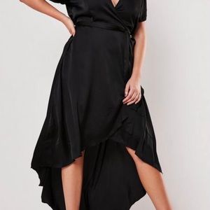 Black satin faux wrap dress